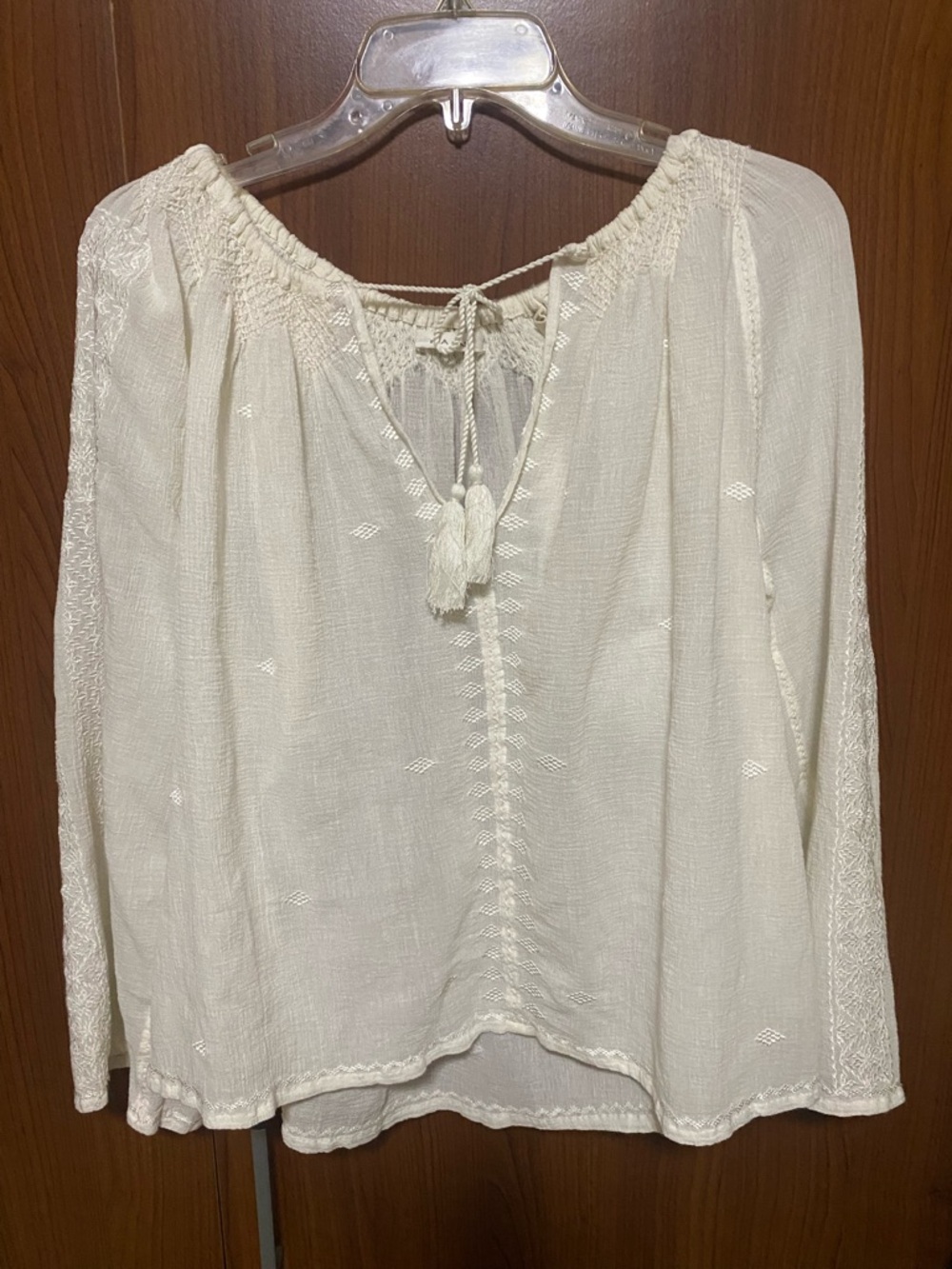 Doen Off White Embroidered Cotton Peasant Blouse Size Small